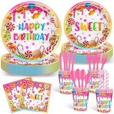 happy birthday party supplies including plates, cups and napkins