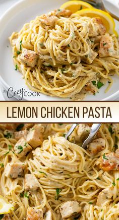 lemon chicken pasta with chunks of chicken in spaghetti