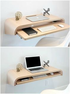 two pictures of a desk with a laptop and keyboard on it, one showing the top section