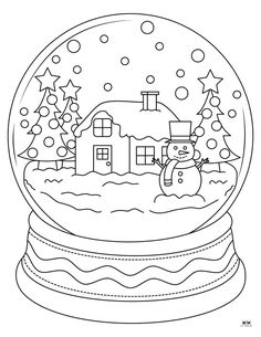 a snow globe with a house and trees in the snow, it is black and white