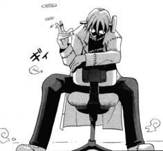 an anime character sitting in a chair with his hand up to his face and eyes closed