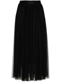 black tulle netting fully pleated elasticated waistband A-line straight hem mid-length full lining Chic Tulle Lined Maxi Skirt, Chic Flowy Tulle Maxi Skirt, Chic Full Tulle Skirt, Chic Flared Tulle Skirt, Elegant Pleated Tiered Tulle Skirt, Elegant Tiered Tulle Pleated Skirt, Pleated Tulle Party Bottoms, Chic Tulle Flared Skirt, Chic Mesh Lined Skirt