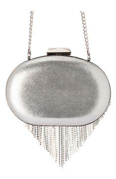 A framed oval clutch is adorned by rhinestone fringe that swishes as you shimmy across the room. The top clutch is faceted like a jewel, while the drop-in chain strap allows for chic hands-free wear. Textile/metal Imported Elegant Evening Bag With Fringe, Elegant Fringe Clutch For Formal Occasions, Elegant Fringe Clutch For Formal Events, Elegant Fringe Evening Bag, Chic Fringed Evening Bag, Chic Fringe Evening Bag, Formal Fringe Rectangular Clutch, Elegant Fringe Clutch Evening Bag, Fringe Clutch Evening Bag