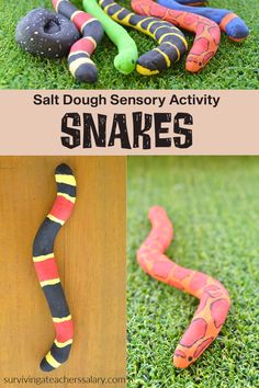 an image of some fake snakes in the grass with text overlay that says salt dough sensory activity snakes