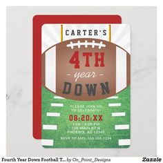 a football themed birthday party card with the number four on it's front and bottom