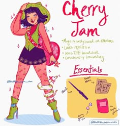 a drawing of a woman in tights and boots, with the caption cherry jam essentials