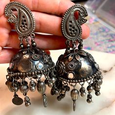 Nwt Huge Gorgeous Mirror Work Oxidized Jhumka Earring Perfect For Traditional Outfits Or For A Pop Of Bohemian Flair For Any Fit Traditional Silver Nickel-free Danglers, Nickel-free Traditional Silver Danglers, Bohemian Dangle Jhumkas, Silver Bohemian Danglers For Festival, Bohemian Silver Danglers For Festival, Intricate Design Danglers For Festival, Silver Nickel-free Danglers, Silver Fusion Style Jhumkas With Latkans, Silver Fusion Jhumkas With Latkans