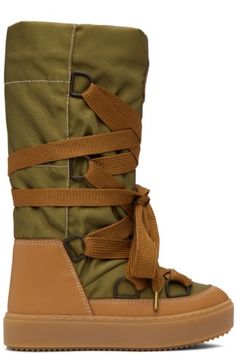 Calf-high paneled canvas and buffed leather boots in green. Boots Two Tone, Crocidile Boots, X Boots, Super Flat Boots, Trndy Boots, Contrast Sole Boots, White Boots Green Dress, Heel Rubber Boots, Boots Wintwr