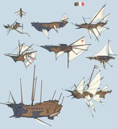 several ships with sails are flying in the sky