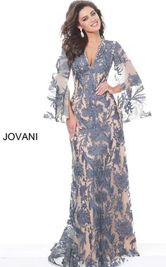 Jovani 00752 | Navy Nude Lace Cape Sleeve mother of the bride