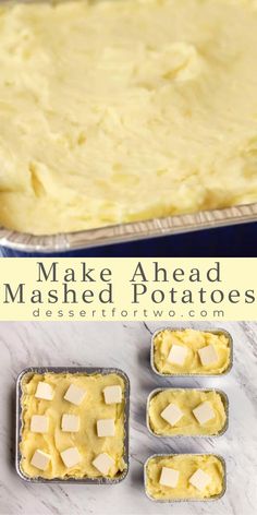 baked mashed potatoes in pans with text overlay that reads make ahead mashed potatoes