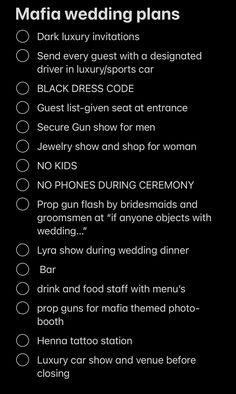 a black and white wedding checklist with the words married plans written on it, in front of a black background