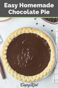 an easy homemade chocolate pie is ready to be baked in the oven and served on a plate