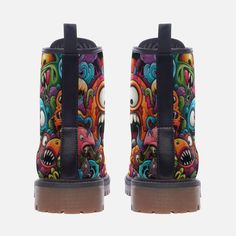 These extremely comfortable classic boots with a high quality print are made to last and to impress. Designed for fashion people, stylish and personalized. Perfect for everyday wearing and to show a unique sense of style.. - The Upper Made of PU leather (synthetic leather), the sole made of rubber.- Soft PU make it comfortable and soft. Size Chart Multicolor Round Toe Boots For Streetwear, Funky Leather Boots With Round Toe, Funky High-top Leather Boots, Graffiti Boots, Traditional Multicolor Leather Boots, Urban High-top Sneakers With Graffiti Print, Boots Colorful, Multicolor Lace-up Platform Boots, Graffiti Leather Jacket