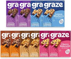 three boxes of granola and blueberry are shown in this image with the same package