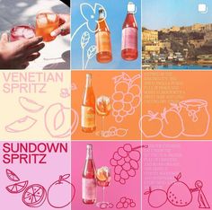 there are many different types of drinks in this collage with the words sundown spritz