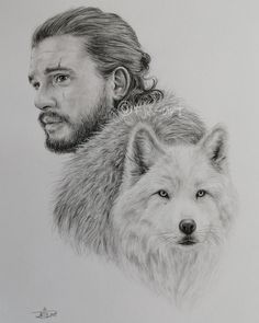 a drawing of a man with a wolf on his shoulder