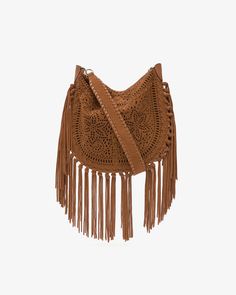 Shoulder bag in perforated suede leather with fringes. Carried on the shoulder or crossbody style Adjustable leather handle with studded buttons Engraved metal rings Smooth braided leather finishes Long fringe finishes Magnetic fastener Removable zippered pouch in soft and smooth leather with a studded button Embossed "Isabel Marant" logos Gold-finish metal details Twill lining Size: 30 x 30 x 6 cm / 11.8 x 11.8 x 2.4 in. 100% suede calfskin leather Leather Hobo Bag With Tassels In Crossbody Style, Brown Crossbody Hobo Bag With Tassels, Brown Tasseled Crossbody Hobo Bag, Brown Tasseled Hobo Bag, Brown Fringe Hobo Shoulder Bag, Brown Leather Shoulder Bag With Fringe, Brown Leather Fringe Shoulder Bag, Leather Fringe Hobo Shoulder Bag, Leather Hobo Bag With Fringe