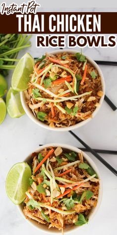 two bowls filled with rice and vegetables on top of a white table next to limes