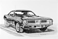 a drawing of a muscle car with the hood up