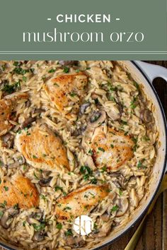 chicken and mushroom orzo in a skillet with text overlay