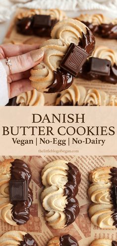 danish butter cookies with chocolate frosting on top and in the background, there is a hand holding one