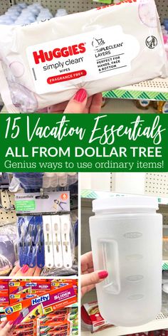 a collage of different items in a store with text overlay that reads 15 vacation essentials all from dollar tree genius ways to use ordinary items