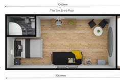 an overhead view of a living room and kitchen area with the measurements for each space