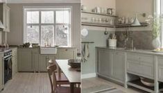 two pictures side by side one has gray cabinets and the other is light green with white trim