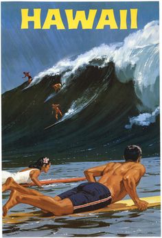 a man laying on top of a surfboard in the ocean next to a woman