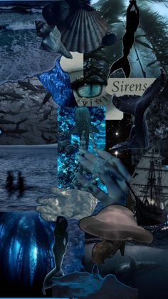 a collage of images with the words sirens on them and dolphins in the water