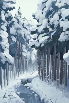 a digital painting of snow covered trees and a stream running through the middle of it