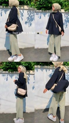 Ootd Kemeja Sage, Sage And Black Outfit, Ootd Warna Sage, Outfit Hijab Sage, Matcha Outfit, Ootd Kulot, Ootd Ngampus