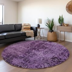 a living room with a black couch, purple rug and potted plants in the corner