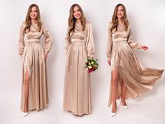 "Champagne beige silk dress with belt, long slit dress, bridesmaid dress, wedding guest dress, maxi dress, evening dress, formal dress You can find the pictures of ALL OTHER COLORS in our catalog on ETSY here: https://www.etsy.com/shop/ENMEstyle?ref=seller-platform-mcnav&section_id=35708129 You can buy fabric sample & accessories (bow tie, dress for girl) https://www.etsy.com/shop/ENMEstyle?ref=simple-shop-header-name&listing_id=1174913673&section_id=40200064 ADJUSTMENTS We can make any length a Wedding Guest Dress Maxi, Nude Bridesmaid Dresses, Beige Silk Dress, Ruffle Wrap Dress, Beige Silk, Dress Wedding Guest, Dress Bridesmaid, Guest Dress, Maxi Dress Evening