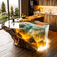 a kitchen with wood flooring and an artistic counter top