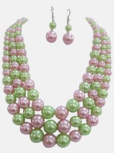 Pink and green 3 strand pearls Green Pearl Necklace With Round Beads For Party, Green Beaded Pearl Necklace For Party, Green Pearl Necklace For Party, Aka Sorority, Alpha Kappa Alpha, Pearl Set, Precious Gems, Sorority, Fun Stuff