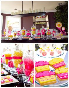 the dessert table is decorated with pink and yellow treats, candy bars, and lollipops