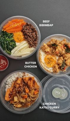 four plastic containers with different types of food in them, labeled on the top and bottom