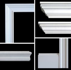 four different angles of the crown moulder molding on a black background, including white trim