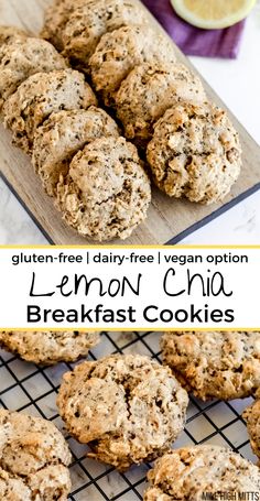 lemon chia breakfast cookies on a cooling rack with the words gluten free dairy - free vegan option