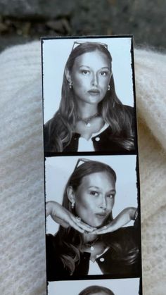 two pictures of women in black and white on a piece of cloth, with one showing the same woman's face