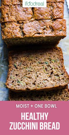 sliced zucchini bread sitting on top of each other with the title above it