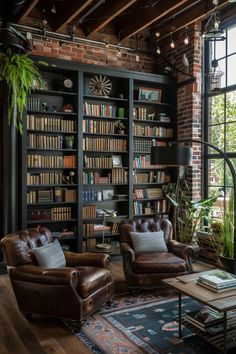 a living room filled with lots of furniture and bookshelves next to a window