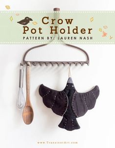 two pot holders with spoons hanging from hooks on the wall next to each other