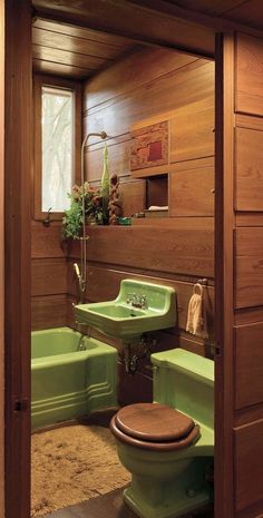 a green sink and toilet in a room with wood paneling on the walls above it