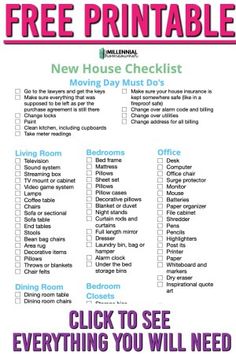 the free printable new house checklist for every room in your home is shown