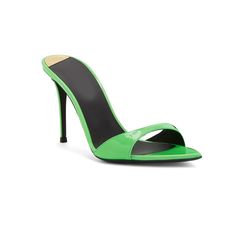 Stiletto Heel Mules Sandals Vegan Patent Leather Upper Heel Height: 10 cm / 3.9 inch (Approx.) NOTE: Please use the chart & measurements as guide only, because sizing and measurements will vary between cuts and designs. Green Pointed Toe Sandals With 4-inch Heel, Green Formal Sandals With Single Toe Strap, Green Formal Heels With Single Toe Strap, Green Heels With Sculpted Heel And Single Toe Strap, Green Sandals With Contrasting Heel Counter, Elegant Green Heels With Single Toe Strap, Green Open Toe Sandals With 4-inch Heel, Green Heels With Branded Heel Counter, Green Open Toe Heels For Formal Occasions