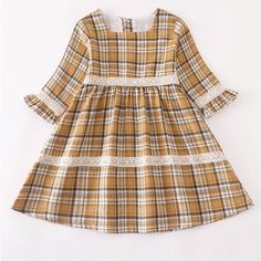 Nwt Girls Coffee Plaid Lace Tiered Ruffle Dress. Available In Girls Sizes 3t-8 Golden Yellow Dress, Flannel Dress, Tiered Ruffle Dress, Girls Boutique, Bell Sleeve Dress, Honeydew, Plaid Dress, Birthday Dresses, Dress Romper