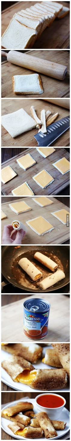 three different pictures of bread and butter on a table with one being cut in half